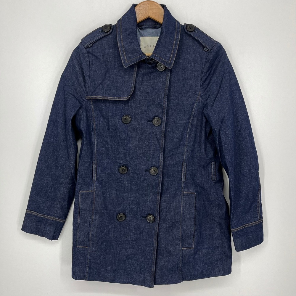 Esprit Womens Denim Trench Coat Double Breasted Dark Wash Jacket Size 8